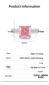 Technical specification of S925 silver ring featuring an 8x8mm princess cut pink CZ stone