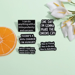 Five humorous black enamel pins with sarcastic English quotes and trendy floral background