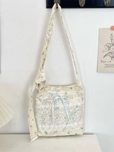Cute floral bear shoulder bag with white lace and blue ribbon bow decoration