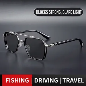 Men's Retro Square Sunglasses Metal Frame UV400 Protection Photochromic Driving Fishing Fashion Polygon Eyewear