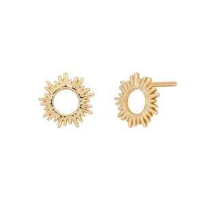 Detailed view of polished S925 sterling silver sunburst stud earrings in gold finish