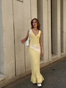 Robe Maxi En Tricot Sans Manches Col En V Ajourée Moulante Ourlet Sirène Sexy Minceur Style Français Été Femmes