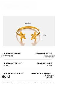 Detailed size specifications for adjustable 18K gold-plated stainless steel flower ring