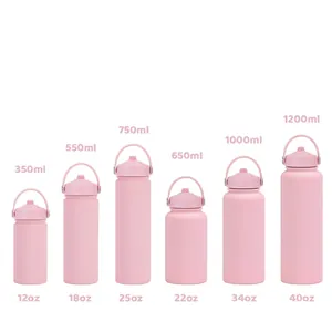 Size comparison chart of 350ml to 1200ml stainless steel insulated sports water bottles