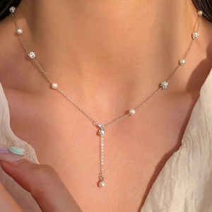 Stainless Steel Y-Shaped Necklace With Faux Artificial Pearls And Rhinestone Balls For Women Elegant Sparkly Jewelry