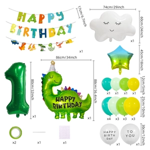 Green dinosaur birthday party set with number balloon, banners and latex balloons