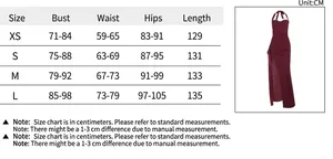 Detailed size chart for halter ruffle slit dress showing bust waist and hips in cm
