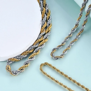 Detail of 2mm 3mm 4mm stainless steel rope chain necklaces in gold and silver finish