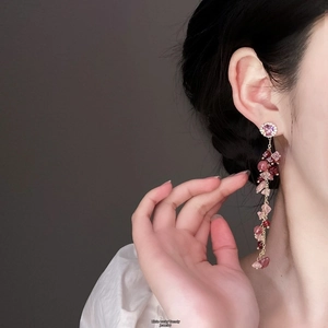 Détail de boucles d'oreilles à pompons avec cristaux roses et chaînes sur modèle