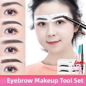 Detail view of eyebrow grooming kit including pencil, stencil, razor and scissors