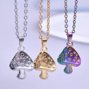 Rainbow, gold, and silver mushroom pendants on stainless steel chains for women
