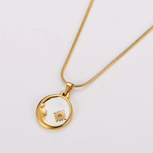 French style gold snake chain necklace with white enamel and moon face pendant