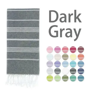 Detailed view of dark gray Turkish beach towel with white stripes and fringe tassels