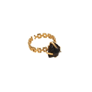 Anello regolabile in titanio dorato con pietra naturale nera e design a maglie di catena