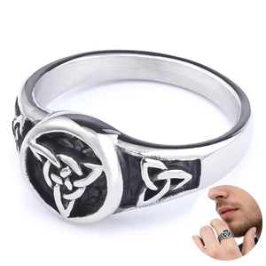Vintage Viking Rune Ring Stainless Steel Triquetra Valknut Distressed Nordic Jewelry For Men Punk Style Oxidized Finger Band