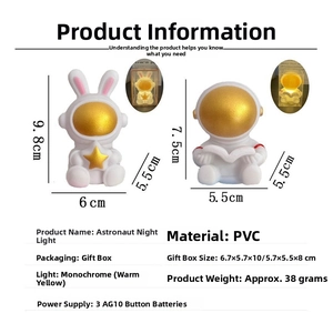 Detail specifications for vinyl astronaut night lights with warm yellow LED lighting