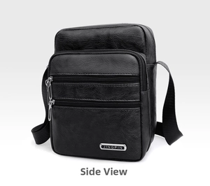 Detail view of black PU leather messenger bag with multiple zipper pockets and metal logo
