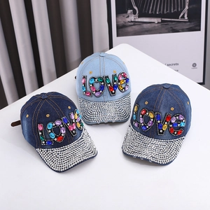Stylish denim baseball caps with colorful LOVE rhinestone letters and a sparkly diamond brim