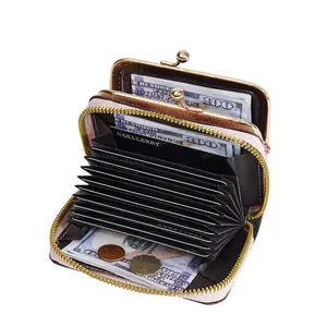 Mini pink leather accordion wallet with metal clasp and multi-slot zipper card holder