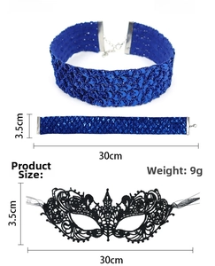 Size details of blue sequin choker and black lace mask set with dimensions and weight info