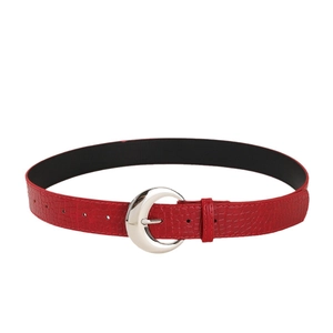 Vintage Y2K red crocodile pattern leather belt with a silver moon buckle for women