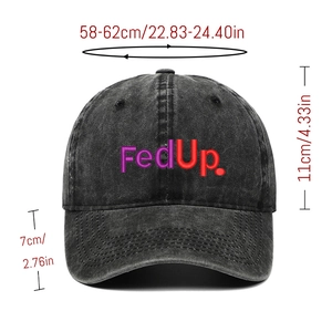 Detailed sizing chart for washed denim baseball cap with FedUp embroidery measurements