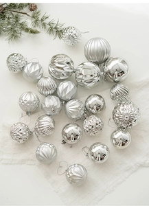Détail de boules de Noël argentées avec diverses finitions miroir, mates et texturées