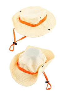 Detail of kids outdoor explorer sun hat with orange adjustable chin strap and breathable holes