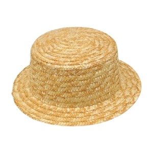 Close-up of fine woven wheat straw boater hat with a flat top and vintage texture