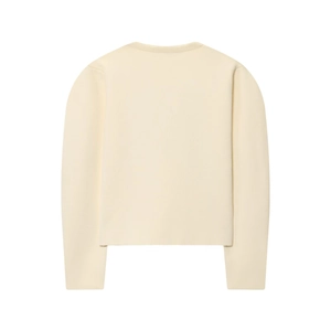 Slim fit cream knit cardigan and mini skirt set back view on white background