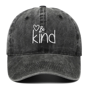 Vintage washed dark grey baseball cap featuring white Be Kind heart embroidery