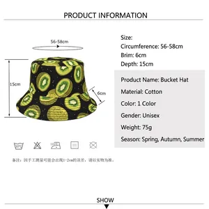 Tableau des tailles pour bob unisexe en coton imprimé kiwi avec détails du produit