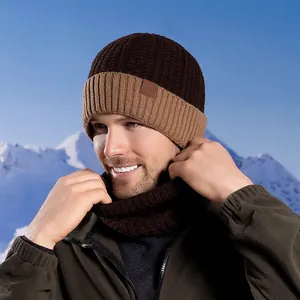 Winter knit beanie and neck warmer set for men with fleece lining and mountain logo