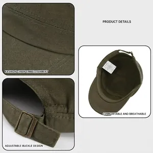 Classic army green canvas flat top cap with cotton fabric and adjustable metal buckle