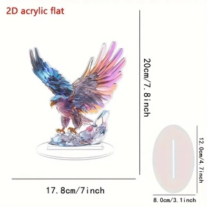 Detailed dimensions of a colorful 2D acrylic eagle stand ornament with base size info