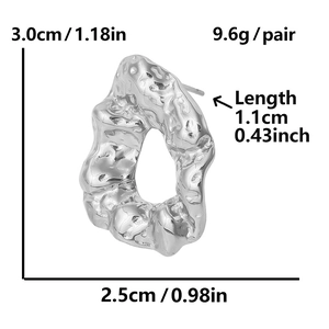 Detailed view of silver stainless steel earrings with dimensions 3.0cm height and 2.5cm width