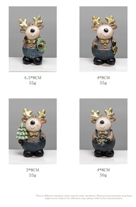Detailed view of four resin Christmas reindeer figurines with festive holiday accessories