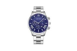 Detail of silver steel watch with sunray blue dial and triple sub-dial chronograph features