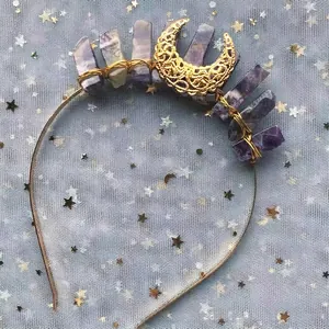 Detail view of handmade gold wire-wrapped purple crystal moon crown headband