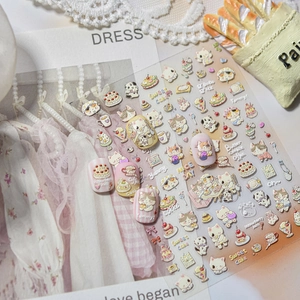 3D embossed nail stickers featuring cream cats and afternoon tea dessert patterns