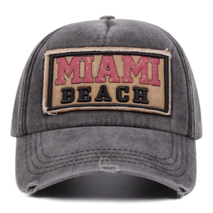 Distressed dark grey Miami Beach washed baseball cap with vintage worn-out details