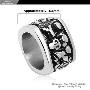 Detail view of wide skull band ring showing 16.8mm width and vintage oxidized steel texture