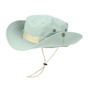 Side view of mint green wide-brim hiking sun hat with adjustable chin strap