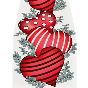 Linen table runner with red hearts and eucalyptus leaf patterns for Valentine decoration