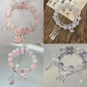 Elegant beaded crystal bracelet with bow zircon, cherry blossom and butterfly charms