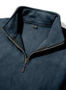 Detail of dark blue fleece pullover featuring a half-zip stand collar and leather puller