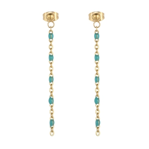 Bohemian gold chain drop earrings with turquoise beads on a clean white background