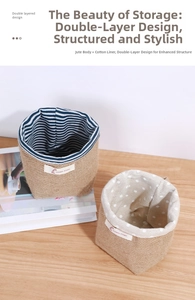 Burlap desktop storage basket with cotton linen lining, double layered design for home use.