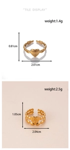 Detail view of adjustable gold heart rings with dimensions and weight specifications