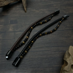 Men's retro handmade braided leather bracelet with red tiger eye and black onyx beads